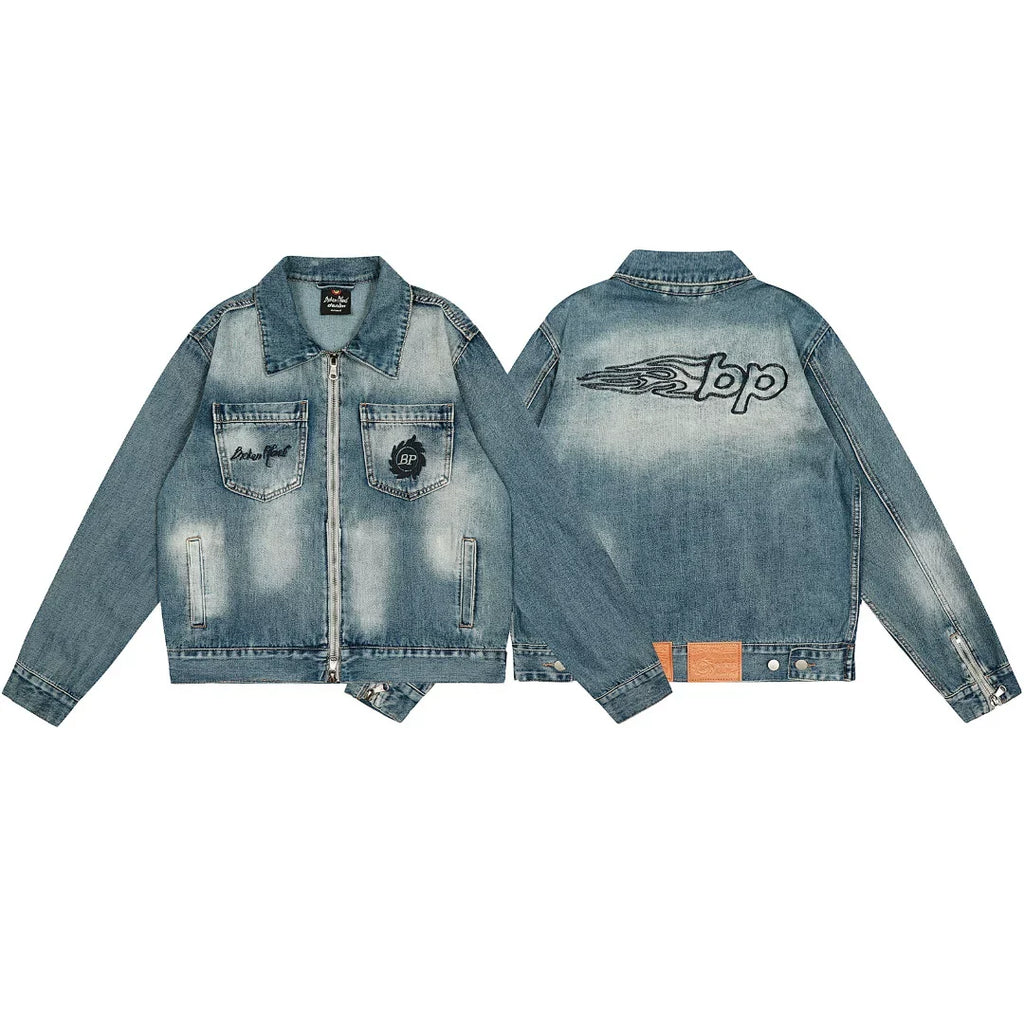 Broken Planet Flame BP Logo Washed Zip Denim Jacket