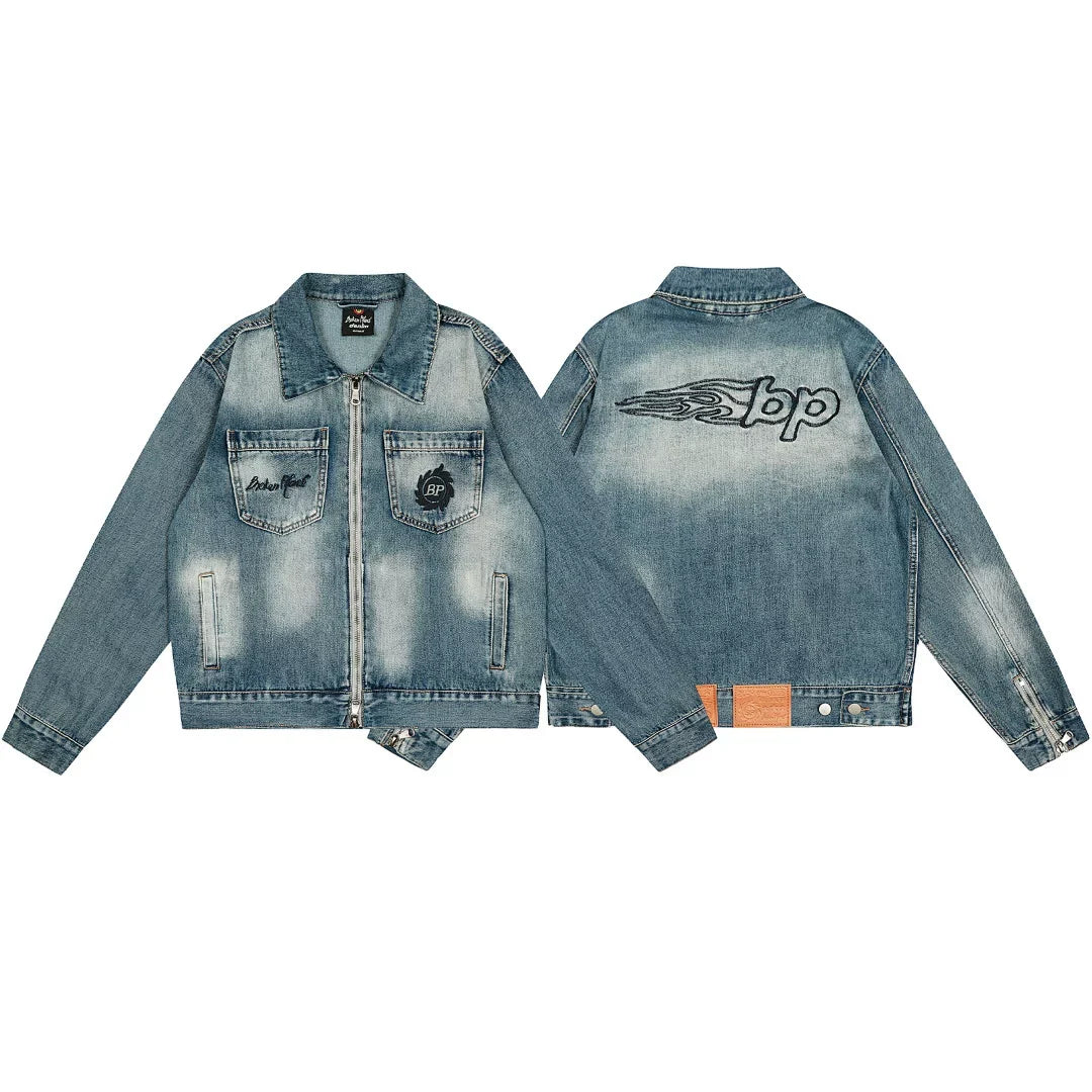 Broken Planet Flame BP Logo Washed Zip Denim Jacket