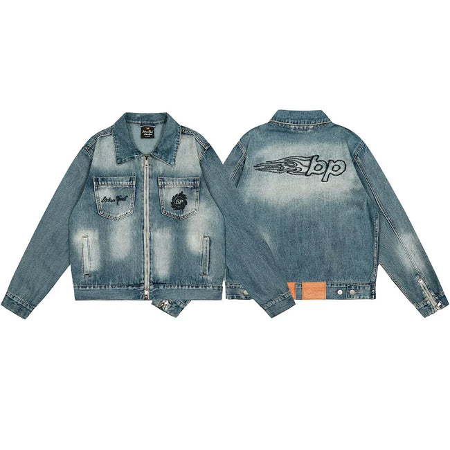 Broken Planet Flame BP Logo Washed Zip Denim Jacket Hover Image