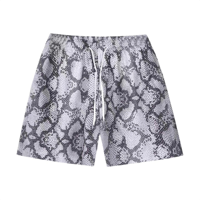 Grey and White Snakeskin Print Athletic Shorts