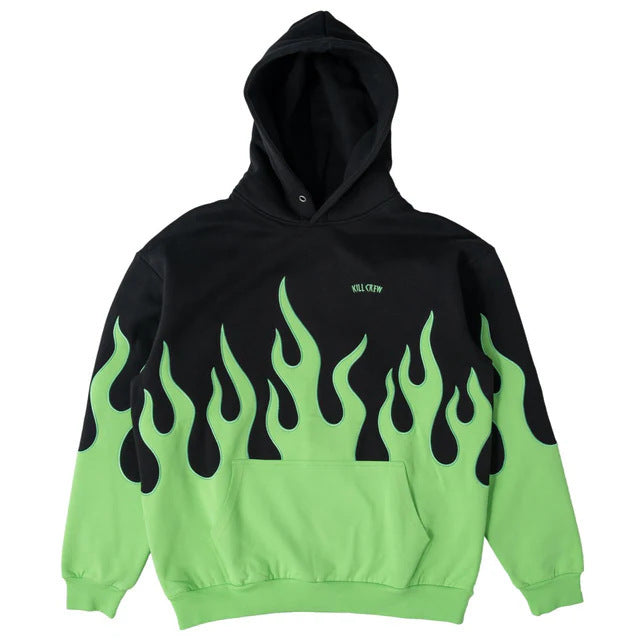 Killcrew Flame Graphic Black and Neon Green Hoodie Hover Image