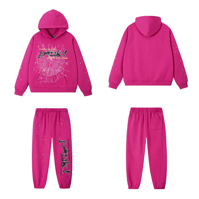 SP5DER Punk Web Graphic Pullover Hoodie and Sweatpants Matching Set - Pink Hover Image