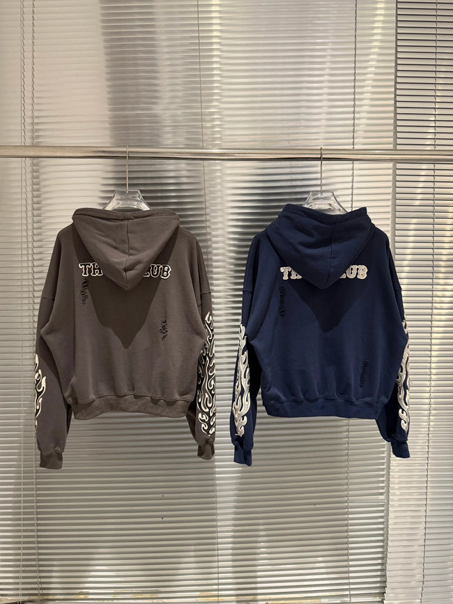Thug Club Distressed Zip Hoodie with Flame Sleeve Embroidery, Unisex Hover Image