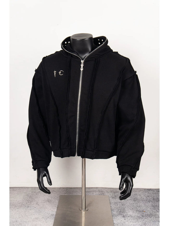Thug Club Black Raw Seam Zip-Up Cropped Hoodie, Unisex Hover Image