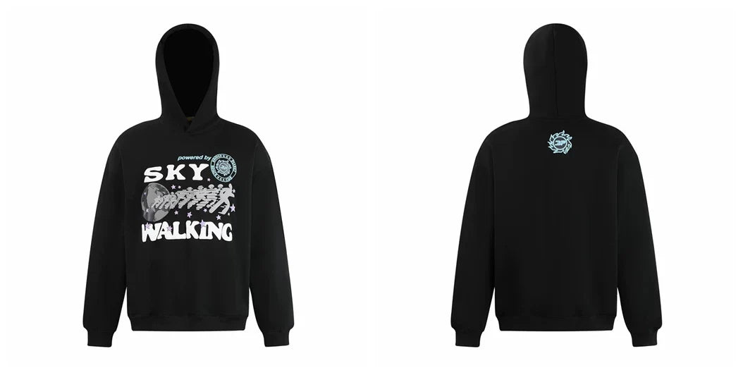 Broken Planet Sky Walking Black Oversized Graphic Hoodie