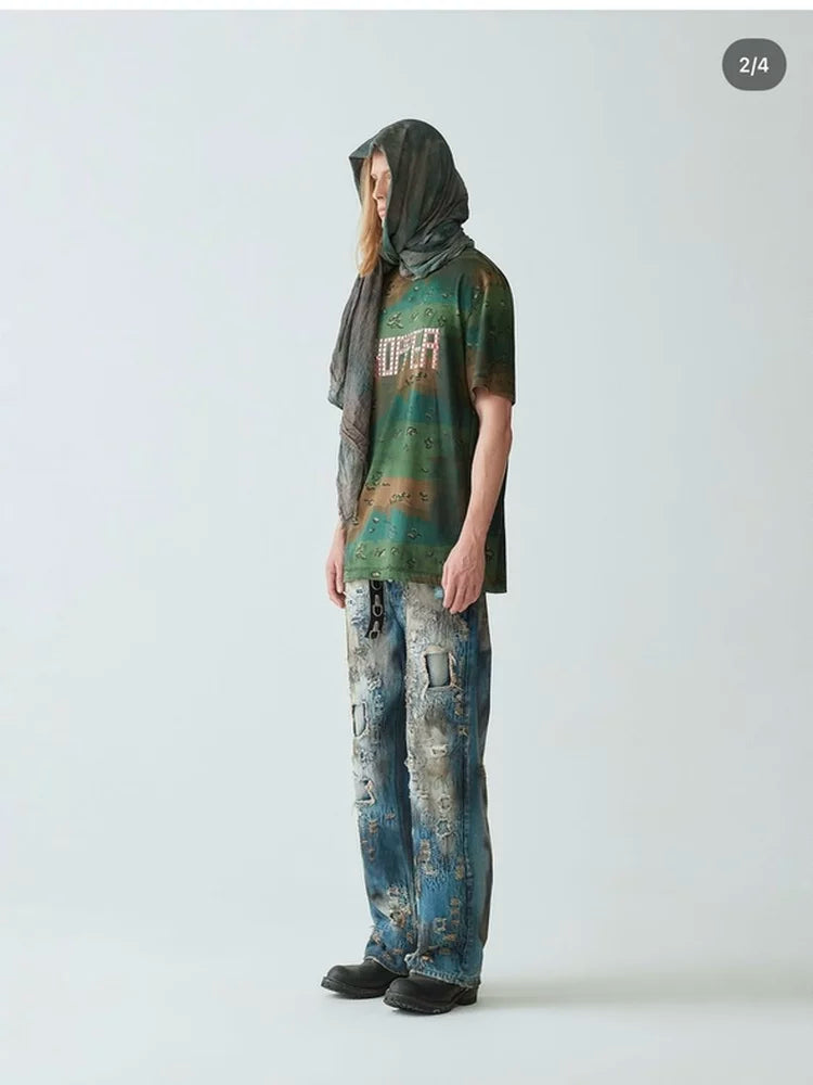 Thug Club Heavy Distressed Bleached Wide Leg Jeans, Y2K Ripped Baggy Denim Pants