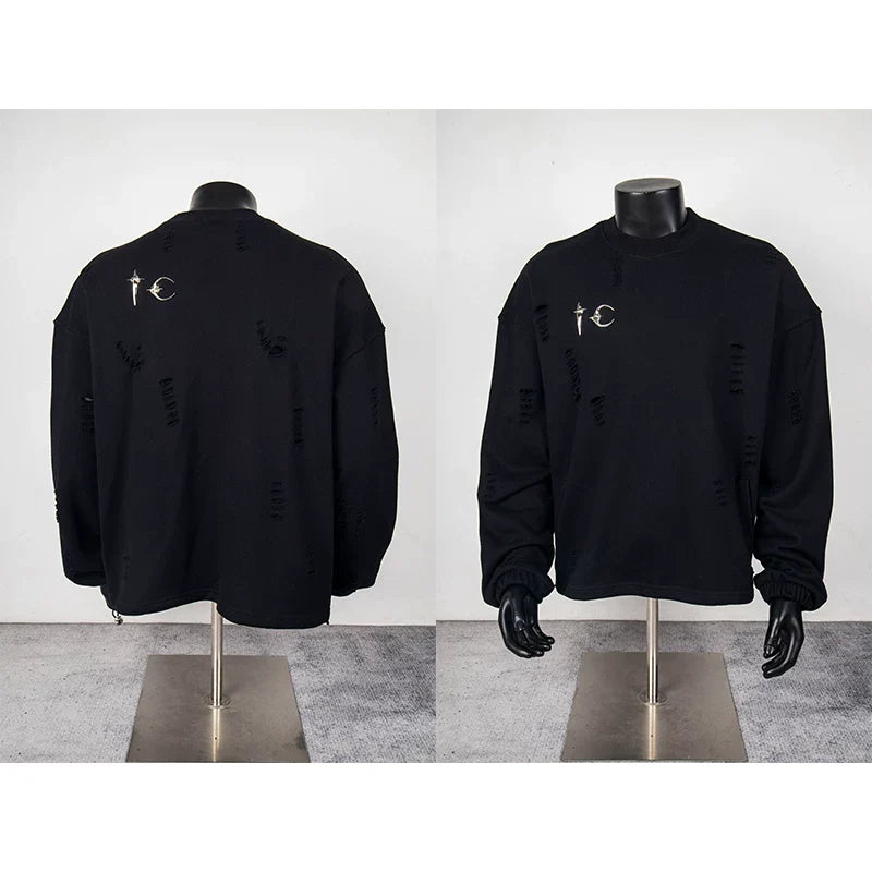 Thug Club Black Distressed Ripped Crewneck Sweatshirt, Unisex