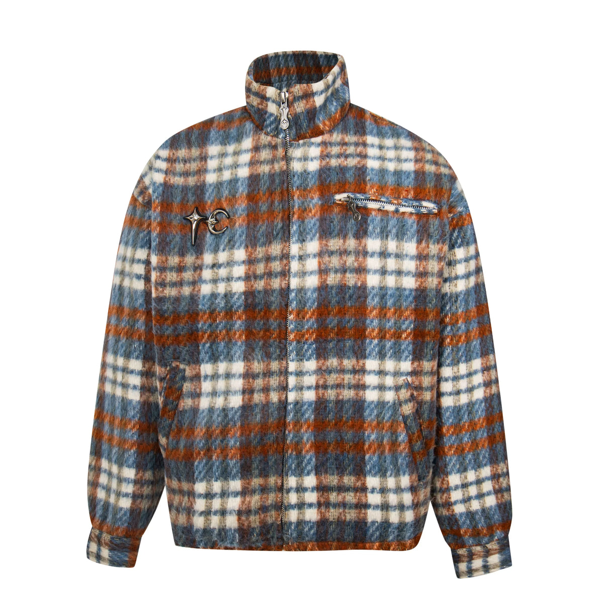 Thug Club Blue Brown Plaid Wool Blend Zip Jacket, Unisex
