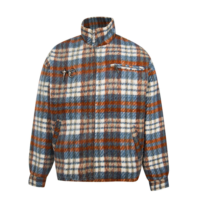 Thug Club Blue Brown Plaid Wool Blend Zip Jacket, Unisex Hover Image
