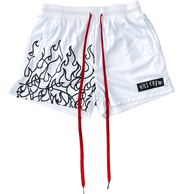 Killcrew Flame Graphic White and Black Mesh Shorts Hover Image