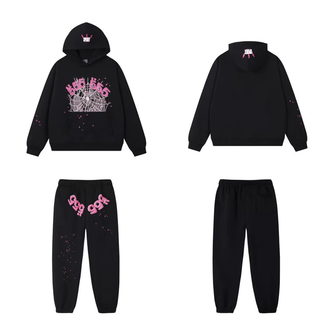 SP5DER Crown Graphic Pullover Hoodie and Sweatpants Matching Set - Black / Pink Hover Image