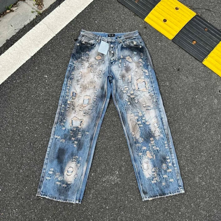 Thug Club Heavy Distressed Bleached Wide Leg Jeans, Y2K Ripped Baggy Denim Pants