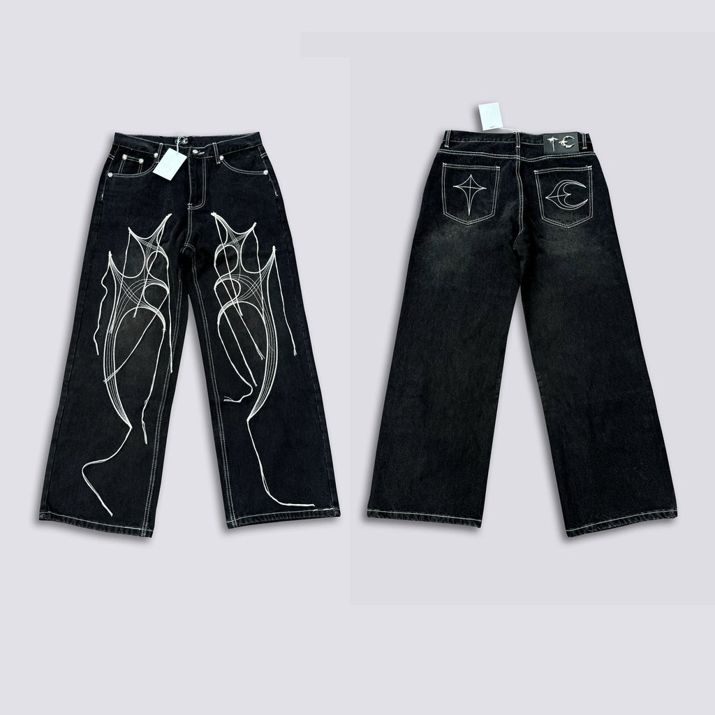Thug Club Abstract Line Embroidery Black Wide Leg Jeans, Y2K Gothic Baggy Denim Pants