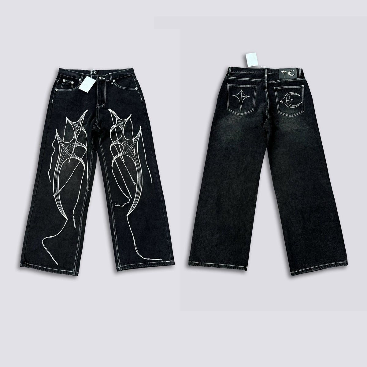 Thug Club Abstract Line Embroidery Black Wide Leg Jeans, Y2K Gothic Baggy Denim Pants