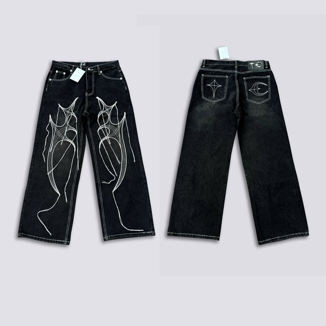 Thug Club Abstract Line Embroidery Black Wide Leg Jeans, Y2K Gothic Baggy Denim Pants Hover Image