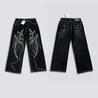 Thug Club Abstract Line Embroidery Black Wide Leg Jeans, Y2K Gothic Baggy Denim Pants