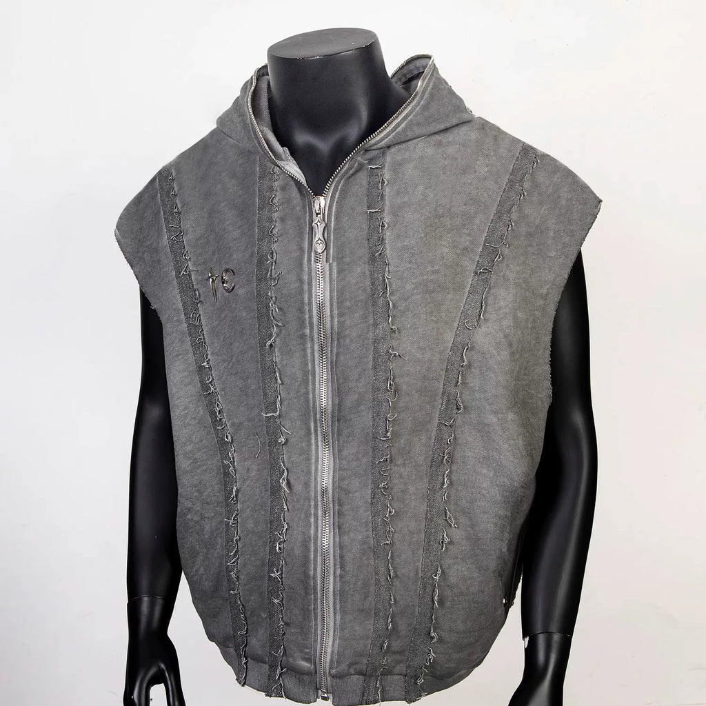 Thug Club Grey Raw Fringe Hooded Zip Vest, Unisex