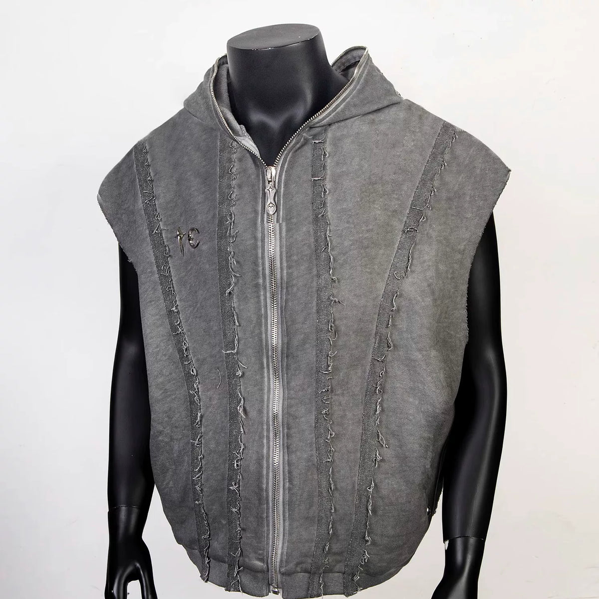 Thug Club Grey Raw Fringe Hooded Zip Vest, Unisex