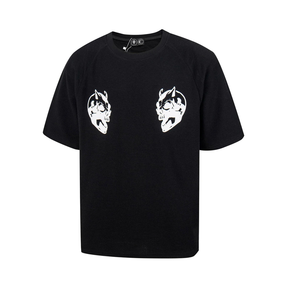 Thug Club Double Skull Print Waffle Knit Oversized T-shirt, Y2K Gothic Short Sleeve Tee