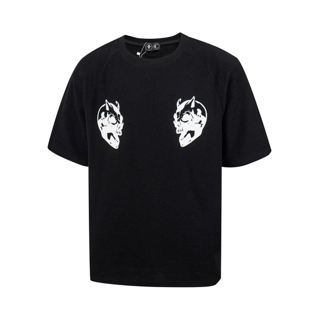 Thug Club Double Skull Print Waffle Knit Oversized T-shirt, Y2K Gothic Short Sleeve Tee Main Image