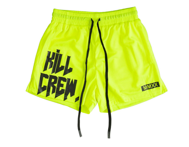 Killcrew Logo Graphic Neon Yellow and Black Mesh Shorts Hover Image