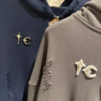 Thug Club Distressed Zip Hoodie with Flame Sleeve Embroidery, Unisex