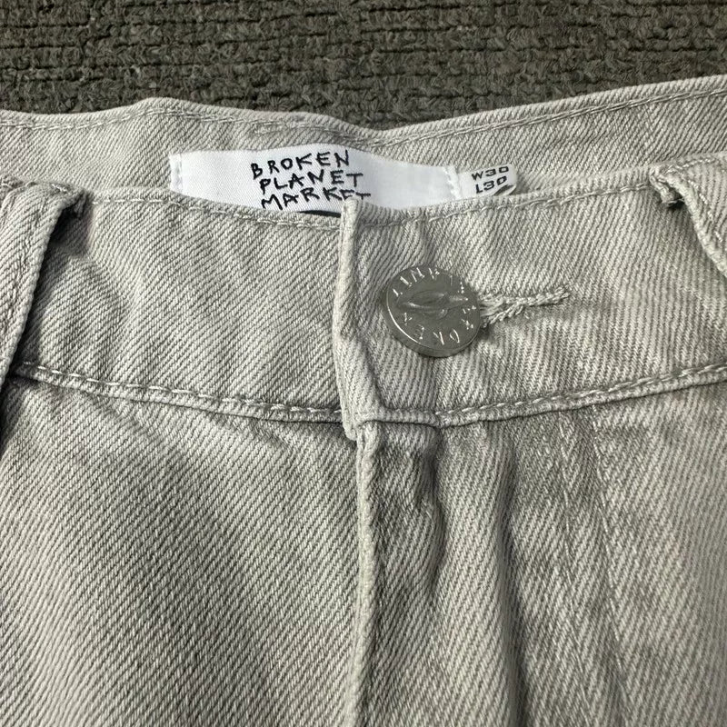 Broken Planet Washed Double Knee Wide Leg Jeans - Light Grey