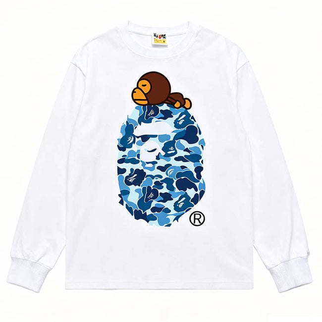BAPE Style Baby Milo on Camo Ape Head Long-Sleeve Tee - White/Blue Hover Image