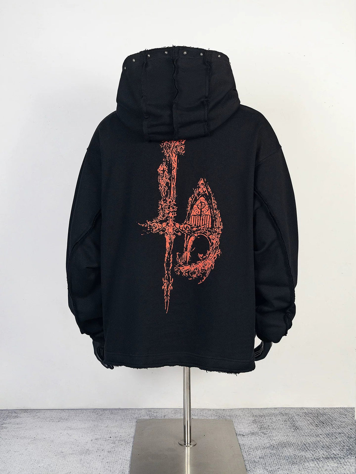 Thug Club Black Red Dragon Graphic Raw Edge Oversized Hoodie, Unisex