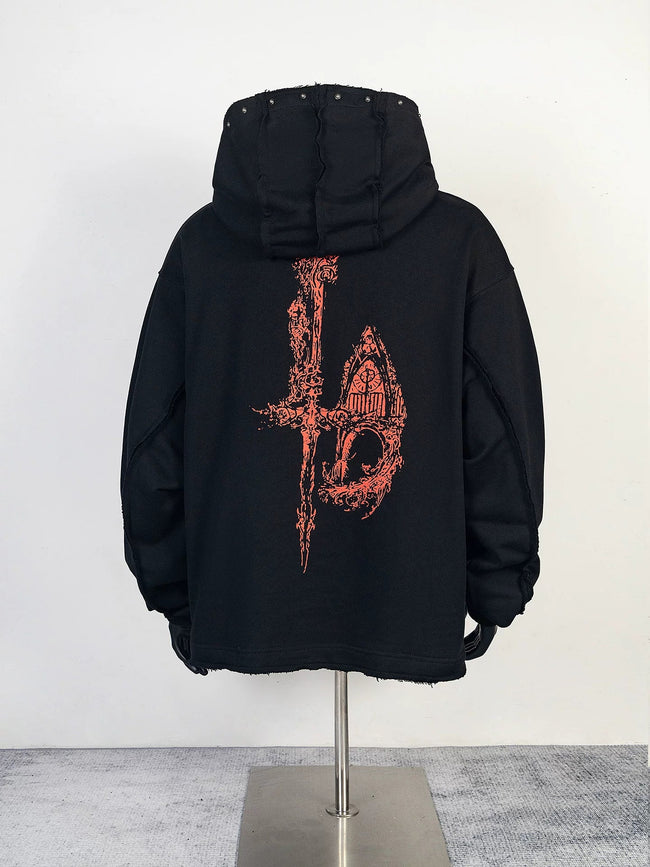 Thug Club Black Red Dragon Graphic Raw Edge Oversized Hoodie, Unisex Main Image