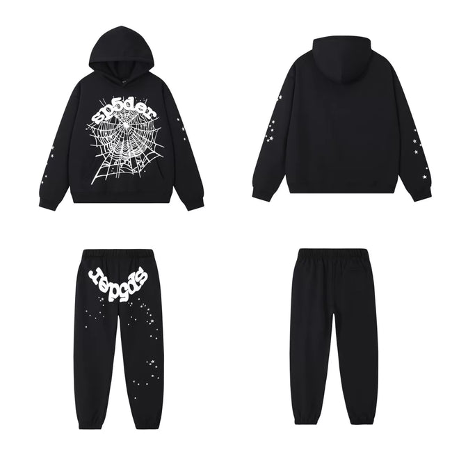 SP5DER Web Graphic Pullover Hoodie and Sweatpants Matching Set - Black / White Hover Image