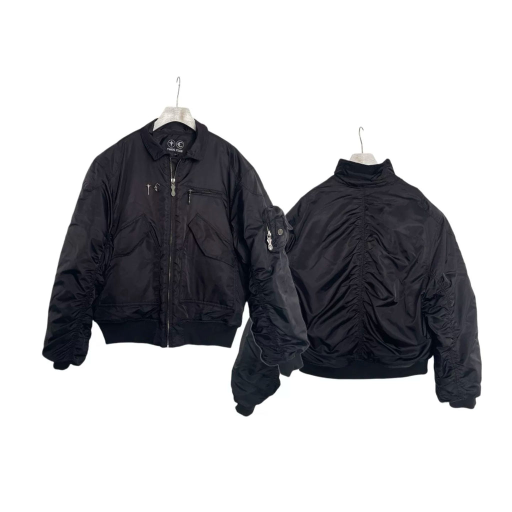 Thug Club Ruched Back MA1 Bomber Jacket, Y2K Gothic Multi-Pocket Flight Coat