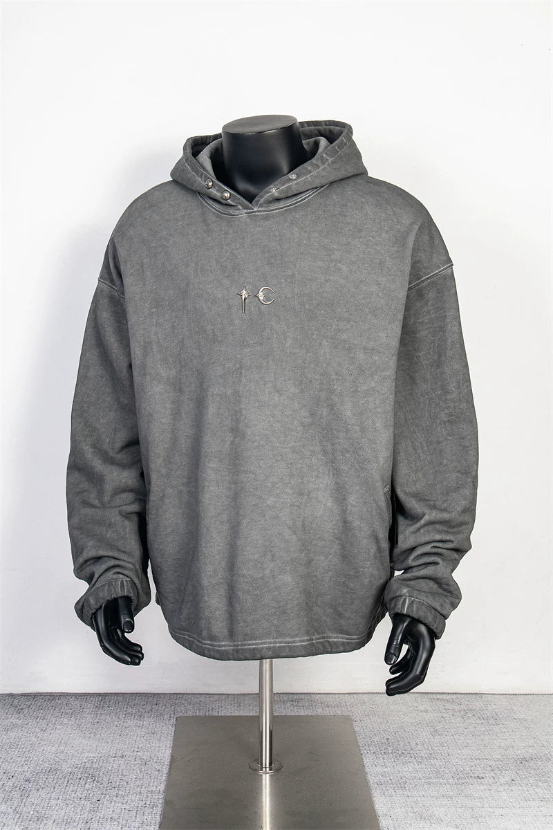 Thug Club Vintage Washed Grey Metal Star Moon Logo Oversized Hoodie, Unisex