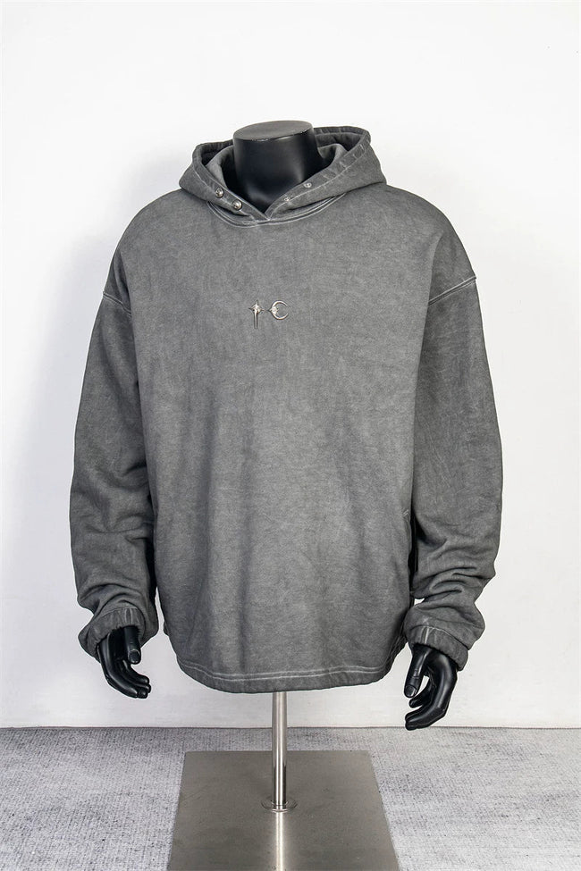 Thug Club Vintage Washed Grey Metal Star Moon Logo Oversized Hoodie, Unisex Hover Image