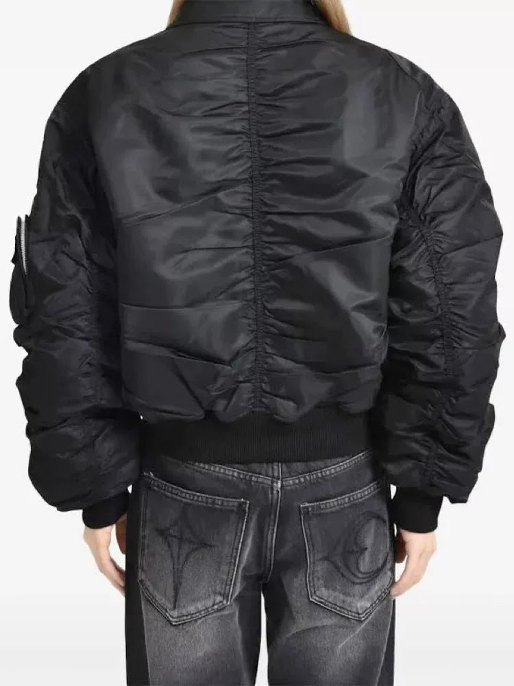 Thug Club Ruched Back MA1 Bomber Jacket, Y2K Gothic Multi-Pocket Flight Coat