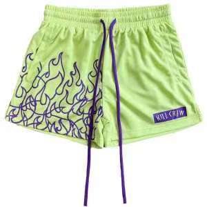 Killcrew Flame Graphic Lime Green and Purple Mesh Shorts Hover Image