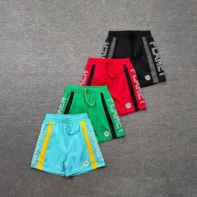 Broken Planet Side Letter Print Color‑Block Sport Shorts (4 Colors) Hover Image