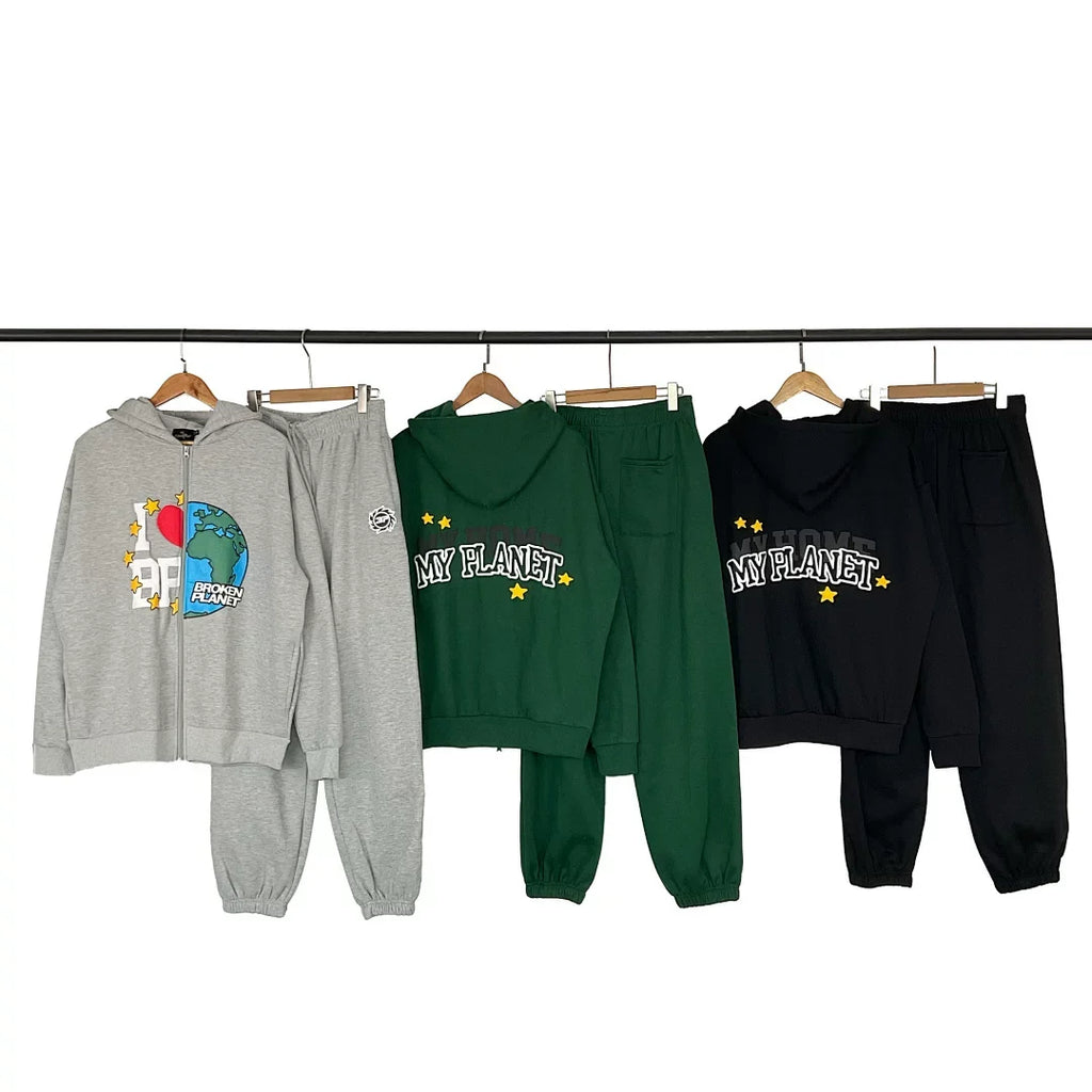 Broken Planet I Love BP Earth Graphic Zip‑Up Tracksuit Set (3 Colors)