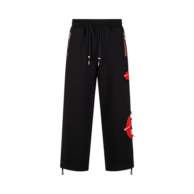Thug Club Red Patch Distressed Wide Leg Sweatpants, Y2K Gothic Drawstring Streetwear Trousers Hover Image