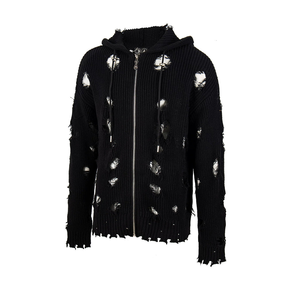 Thug Club Distressed Ripped Knit Zip Up Hooded Cardigan, Y2K Grunge Oversized Sweater Jacket