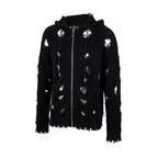 Thug Club Distressed Ripped Knit Zip Up Hooded Cardigan, Y2K Grunge Oversized Sweater Jacket