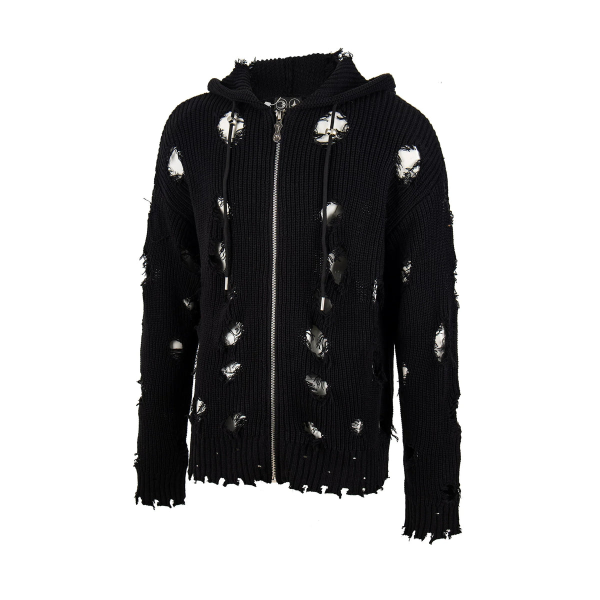 Thug Club Distressed Ripped Knit Zip Up Hooded Cardigan, Y2K Grunge Oversized Sweater Jacket