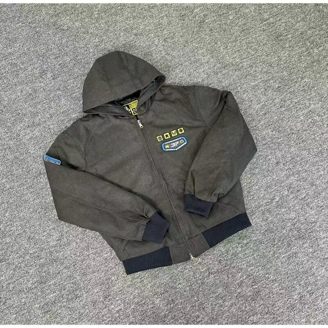 Broken Planet Patched Hooded Work Bomber Jacket - Dark Grey Hover Image