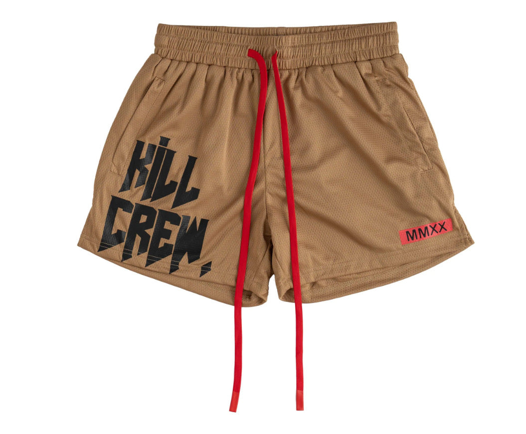 Killcrew Logo Graphic Tan and Red Mesh Shorts