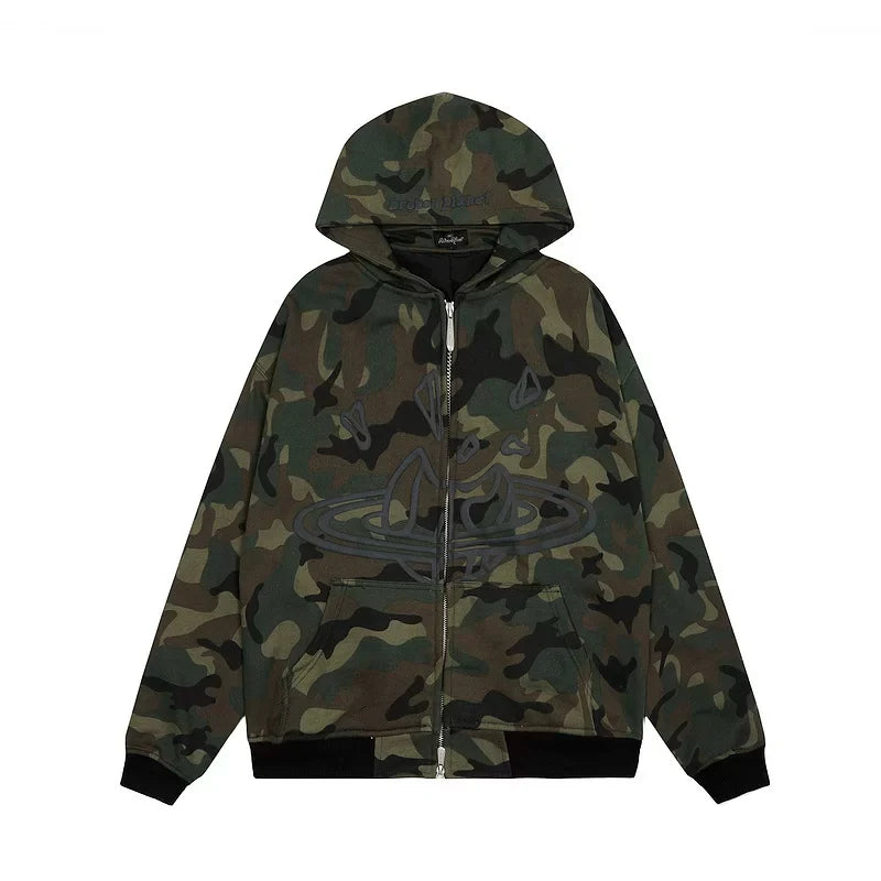Broken Planet Camo Cracked Planet Cropped Zip Up Hoodie
