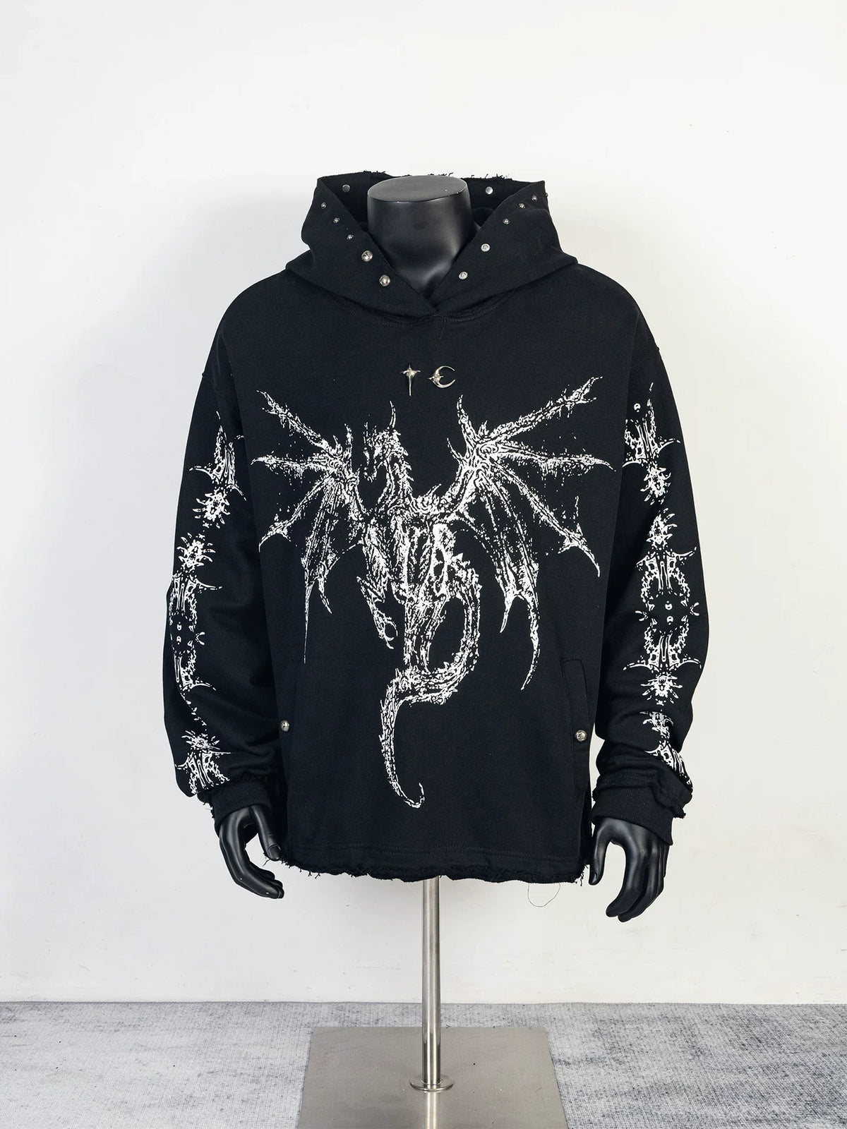 Thug Club Black Dragon Graphic Raw Edge Oversized Hoodie, Unisex