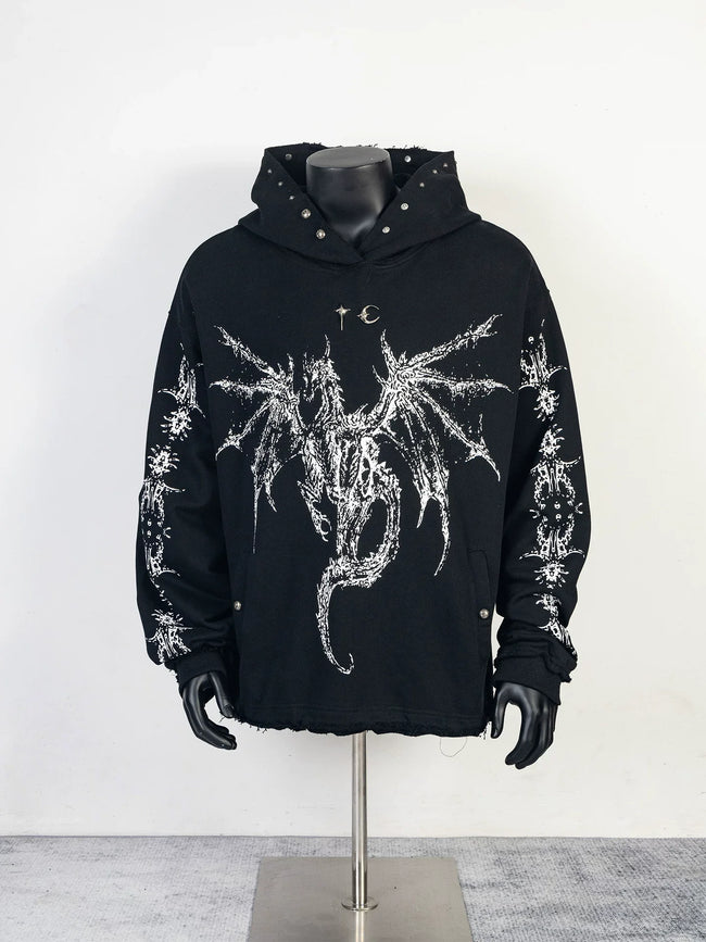 Thug Club Black Dragon Graphic Raw Edge Oversized Hoodie, Unisex Hover Image