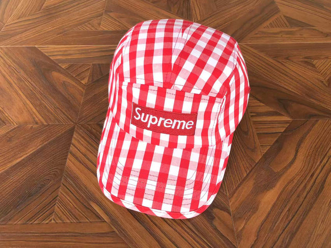 Supreme Red and White Gingham 5-Panel Box Logo Camp Cap Hover Image