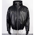 Thug Club Black Hooded Faux Leather Jacket Red Star Moon Logo, Unisex