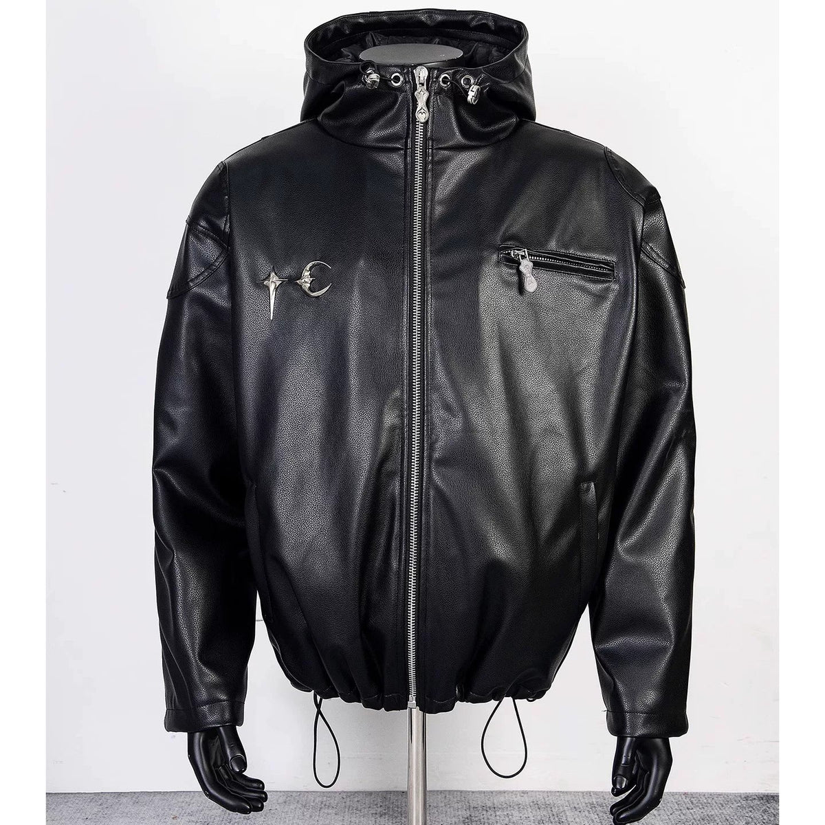 Thug Club Black Hooded Faux Leather Jacket Red Star Moon Logo, Unisex